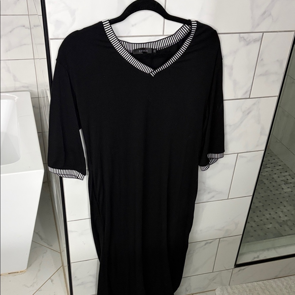 Elegant Black V-Neck Dress with Striped Accents